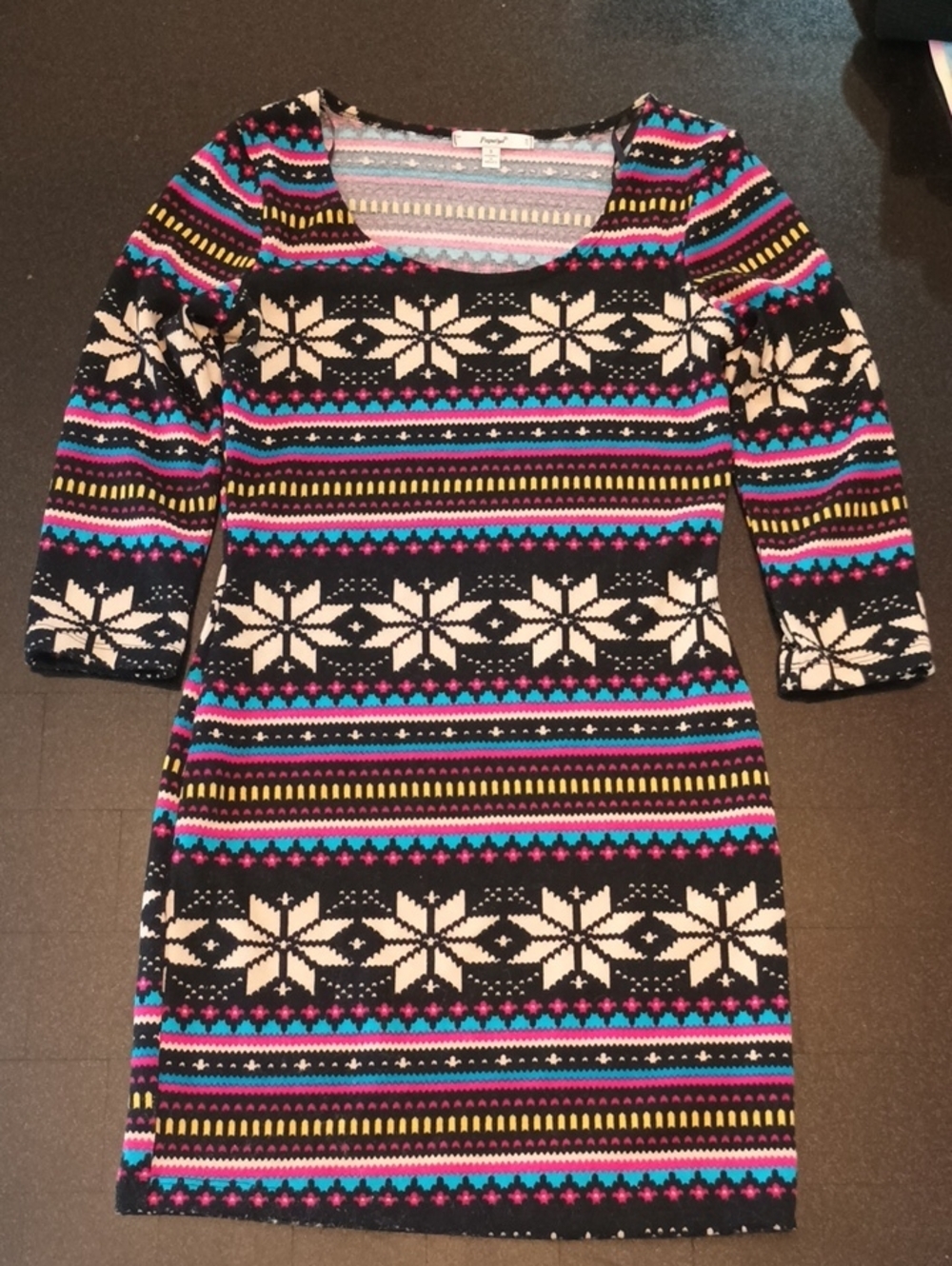 Papaya Black Scoop-Neck Long Sleeve Dress with Multicolor Nordic Stripe